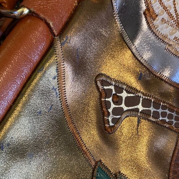 Vintage Leather Giraffe Embroidered Patchwork Metallic Embossed Purse Leaf Gold - Picture 4 of 14